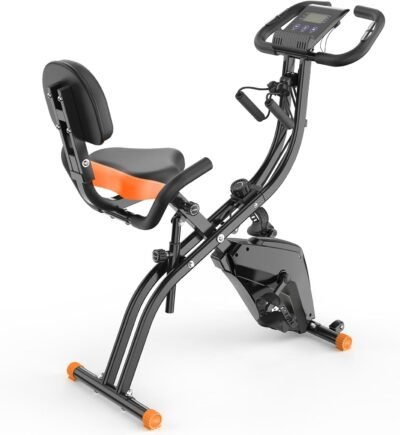 Cyfie Fitness Bike、折りたたみ、心拍数モニター、サイレント、10レベルの負荷調整、エクササイズバイク、家庭用、トレーニングバイク、屋内自転車、エクササイズバイク、スピンバイク、サイクリングマシン、コンパクト、バックレスト、
