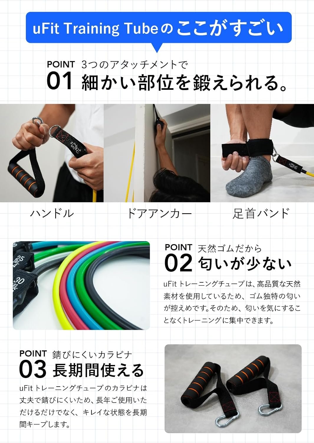 UFITトレーニングチューブトレーニングチューブ、5つの異なる強度、強力なプロのアスリート、ジュンミズタニ、ハンドル、ドアアンカー、足首バンド、ストレージバッグ、天然ゴム、指導ビデオ - 이미지 5