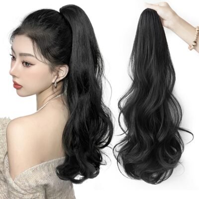 Knnzkポニーテールウィッグ、黒い髪、巻き毛、ポイントウィッグ、クリップエクステンション、ロングヘアエクステンション、ワンタッチウェーブ、カール、ポニーテールウィッグ、ワンタッチエクステンション、コスプレ、着物、ブラック