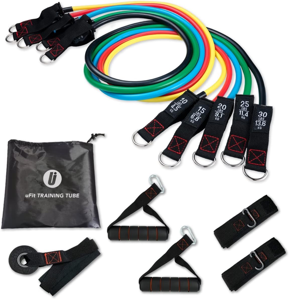 UFITトレーニングチューブトレーニングチューブ、5つの異なる強度、強力なプロのアスリート、ジュンミズタニ、ハンドル、ドアアンカー、足首バンド、ストレージバッグ、天然ゴム、指導ビデオ