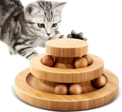猫、塔のための木製の回転ボール、塔、アセンブリが不要、回転停止なし、猫のおもちゃ、演奏プレート、ストレスの緩和、運動不足、自然安全材料、孤独を和らげる