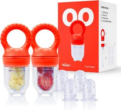 Lovenoobs Baby Pacifier Feeder、2パックのベビーフルーツフィーダー、新鮮な冷凍フルーツフィーダーのおしゃぶり、幼児用の歯が生えるおもちゃ、4つの余分な食品グレードのシリコンベビーファシフィエ、歯が生える赤ちゃんのおもちゃ