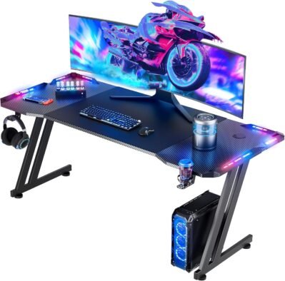 Hldirectゲームデスク、ゲームテーブル、LEDが含まれ、2年間のメーカー保証、幅55.1 x深さ23.6インチ(140 x 60 cm)、カーボンファイバートッププレート、ZZ形状、負荷容量242.7 lbs(110 kg)、PC