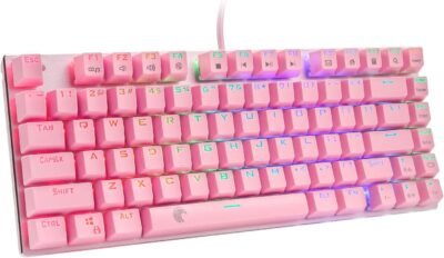 イースタンタイムズテクノロジーキーボード、メカニカルキーボード、ブルースイッチ、アンチゴスト、英語レイアウト、81キー、RGB照明LEDバックライト、USB有線、防水、オフィス＆ゲームキーボード（ブルースイッチ、ピンク）