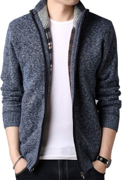 Foveitaa Men’s Cardigan、ジップアップ、特大、リラックスしたフィット感、セーター、アウターウェア、ニットジャケット、ソリッドカラー、カジュアルコート、濃厚、フリース、暖かく、冷たい耐性、ニットウール、スタイリッシュな秋/冬の服
