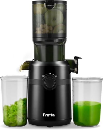 Fretta Juicer、4.2インチ(10.8 cm)幅のスロット付きスロットスロットジューサー、大容量、細かい切断不要、1回限りのインサート、簡単な設置、コールドプレスジューサー、絞りスカム分離、BPAフリー、