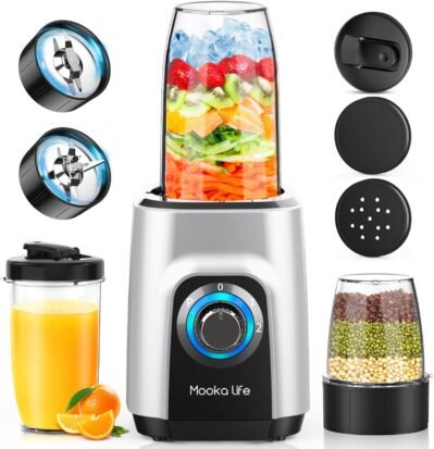ムーカライフジューサーブレンダー、スムージー、多目的、3本のボトル、16.9 fl oz（500 ml）x 2 + 300 ml、コーヒーグラインダー、6ブレード、450 W、高出力、高速ローテーション、簡単に砕く氷、フルーツ、フルーツ、