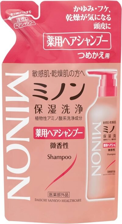 ミノン薬用ヘアシャンプーリフィル、12.8 fl oz(380 ml)、敏感肌、かゆみ、ふけ、保湿、乾燥、軽度酸性、低アレルギー、準麻薬