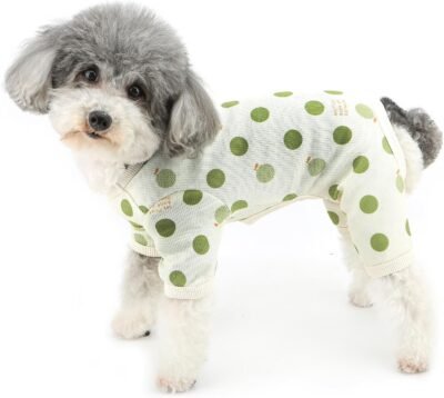 Zunea Dog Clothing、春と夏、犬、ロンパー、小さな犬の服、かわいい、ポルカドットパターン、パジャマ、カバーオール、Dリング、スタイリッシュ、かわいい、ラウンジウェア、睡眠、柔らかく、通気性、ペットドッグウェア、