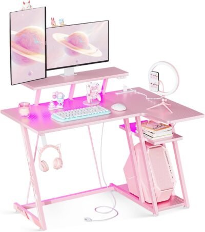 LEDライト付きMOTPKゲーミングデスク、L字型デスク、PCデスク、カーボンファイバートッププレート、モニタースタンド、フック付きゲームテーブル、コンピューターデスク、ゲームデスク、幅39.4 x深さ19.7 x高さ