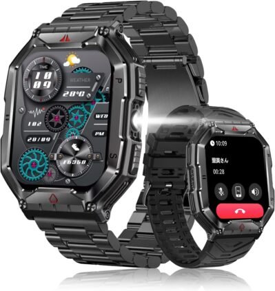 スマートウォッチ、2.1インチ超大画面、2024アップグレード、アーム懐中電灯、軍事基準、Bluetooth 5.3コール、コンパス、気圧高度計、衝撃耐性、1 ATM防水、スポーツ