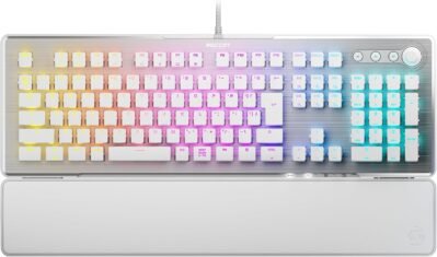 Roccat Vulcan IIゲームキーボード、白/白、JP、日本のレイアウト、フルサイズ、有線、機械、線形赤、静か、カスタマイズ可能、RGBイルミネーションキー、パームレスト