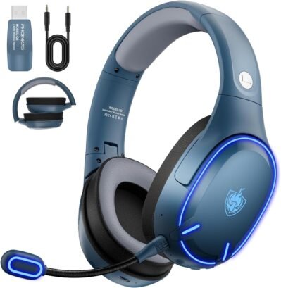 YOTMSゲーミングヘッドセット、有線およびワイヤレス、二重使用、2.4G USBアダプター/Bluetooth 5.2/有線3方向接続、ディープベース、取り外し可能なノイズキャンセルマイク、30時間の連続再生、