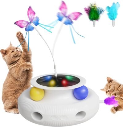 ヌイエラ猫のおもちゃ、シングルプレイ、猫のおもちゃ、4インチ猫のおもちゃ(バタフライローテーション、猫ボール、フェザーポップ、LEDライト)、エレクトリック、オートマチック、猫、教育おもちゃ、ランキング、人気、自然素材、安心