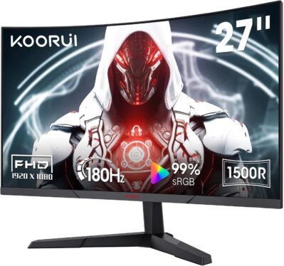 KOORUI 27E6CAゲーミングモニター、PCモニター、湾曲フルHD/180Hz、1500R、Adpitive Sync(G-Syn互換)、DPX1、HDMIX2、VESA、TILT調整