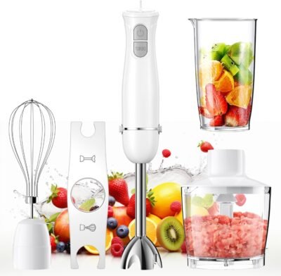 （最強のモデル6-in-1）ハンドブレンダー、ベビーフード、砕く氷、ハンドミキサー、電気泡立て器、フードプロセッサー、ミキサー、ジューサー、アイス、肉、果物、野菜、調理器具、家庭用（白）