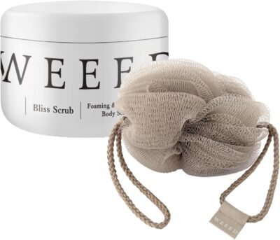 Weeed Bliss Scrub、12.7 Oz(360 g)&Original Frothing Net(Double)セット、ボディスクラブ、ラベンダー&バニラの香り、薬用、日本製、雑草ボディソープ、スキンケア、にきび予防、保湿、