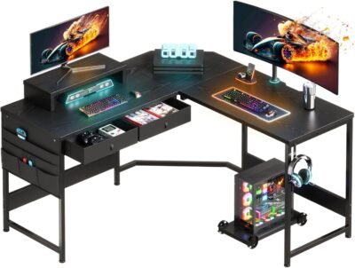 YEOROM GAMING DESK、コンピューターデスク、L字型デスク、49.2 x 49.2インチ（125 x 125 cm）、ゲームテーブル、ストレージバッグ付きPCデスク、学習デスク、コンピューターデスク、ワークデスク、ゲーミングデスク、引き出し付き、ブラック