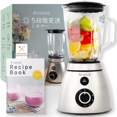スムージーを作るためのAcasas Professional Juicer、5速ミキサー、氷の粉砕500W高出力、1500mlの大容量ガラスボトル(A-1200)