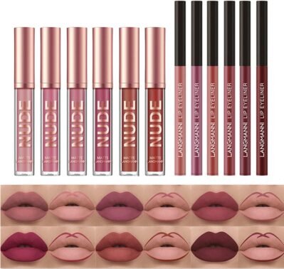 口紅のメイクアップセット12pcs、6ベルベットマットリキッドリップスティック + 6リップライナーペンシル、防水性長持ちする顔料リップグロスキットリップメイクギフト(12pcs)