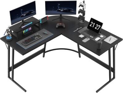 Anovara Gaming Desk、L字型デスク、PCデスク、カーボンスタイル、モニタースタンド付きデスク、幅43.3 x 43.3インチ(110 x 110 cm)、コンピューターデスク、組み立て容易、安定性、コーナーデスク、スペース保存