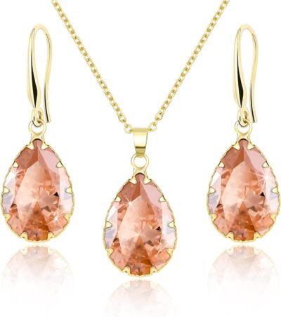 [Linawe] 女性、ゴールド、シルバー、ピンクゴールド、レディースジュエリーアクセサリー、クリスタルペンダントネックレスチェーン、宝石モイサナイトイヤリングセットの合成ダイヤモンドペンダントネックレスイヤリング