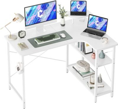 cubicubi L字型デスク、コンピューターデスク、43.3インチ（110 cm）、幅43.3インチ（110 cm）、ゲームデスク、L字型デスク、ワークデスク、ラック付きストレージ、コーナーデスク、テレワーク、ホームワーク、ホワイト、 右
