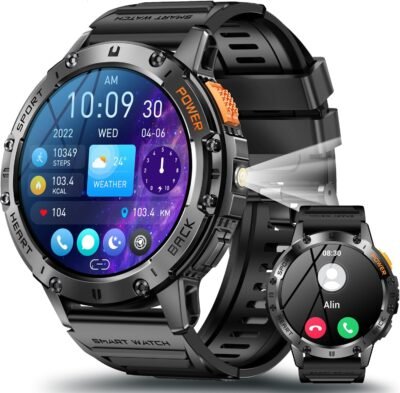 スマートウォッチ（2024スーパーアドバンス、軍事基準、懐中電灯が含まれています）1.43インチの高精度スクリーン、コール機能、衝撃プルーフ、IP68防水、ダストプルーフ、530 mAhの長持ちするバッテリー、