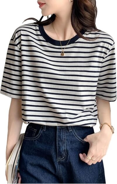 Wowcarbazole女性の半袖ボーダー夏のTシャツ、乗組員、綿、カジュアル、快適、かわいい、縞模様