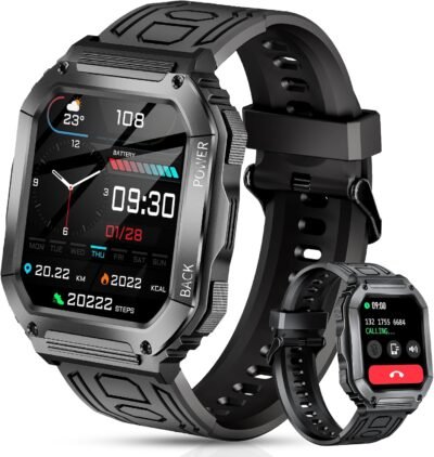 スマートウォッチ(2024年の軍事基準のアップグレード、Bluetooth 5.3コール)、コール通知、IP68ダストプルーフ、防水、スポーツウォッチ、100+エクササイズモード、GPSムーブメントレコーディング、ペドメーター、400 mAh long