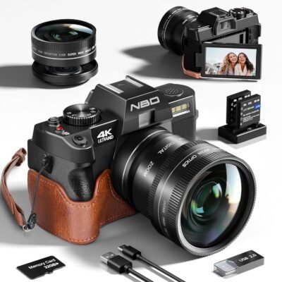 NBD 4K 48MP革のハーフケース付きデジタルカメラ [WiFi App Control, Macro + Wide Angle Lens] 16x Zoom AF機能SLRカメラ| LEDフラッシュとウェブカメラ機能| 32GBのmicroSDカードと2つのバッテリーが含まれています