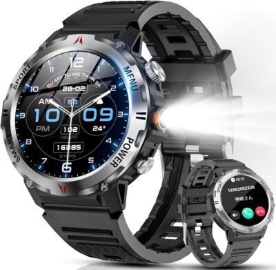 スマートウォッチ(2024冬のリリース、軍事基準、懐中電灯)、Bluetooth 5.3通話、ライン/メッセージ通知、100以上のエクササイズモード、GPSムーブメントレコーディング、防塵、防水、スポーツウォッチ、