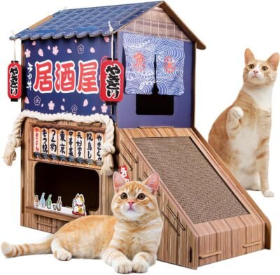 Opbodqo屋内段ボール猫の猫(重紙)、2階建ての猫ヴィラ、マニキュア付きの猫のベッド、おもちゃ家具付きの猫の木の塔、スタイリッシュな猫城、ユニークな大きな猫の家
