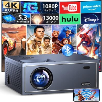 Own Knewプロジェクター、小、1080p、4K互換、13,000 lm、ホームプロジェクター、天井投影、300インチの大画面、キーストーン補正、組み込みのHifiスピーカー、50%ズーム機能、天井吊り下げ、