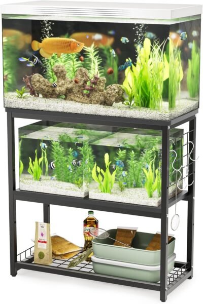 デューエル水族館スタンド、アセンブリタイプの水族館スタンド、木製の装飾スタンド、3層、中央の棚の高さ調整、フック、総負荷容量約264.4ポンド（120 kg）、耐久性、鋼、錆