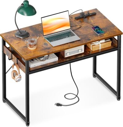 ODKコンピューターデスク、幅31.5インチ(80 cm)、ストレージ、パワーアウトレット、2フック、ゲームデスク、スタディデスク、テーブル、ワークデスク、コンピューターテーブル、コンパクト、リモートワーク、スペース節約、組み立て容易、組み立て、