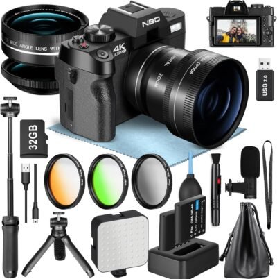 NBD 4K 48メガピクセル、120 FPSデジタルカメラ [Wi-Fi and App Control, 16 Accessories] 16xズーム、AF機能、SLRカメラ|マクロ +広角レンズ|ウェブカメラ関数| 32GB MICROSDカードと2つのバッテリー