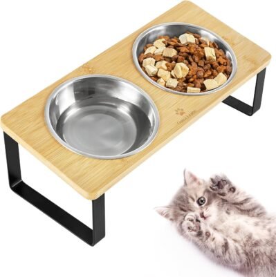 猫の食器、猫のボウル、猫の餌箱、食器スタントスタンド、猫の摂食、ペットボウル、フードスタンド、竹の猫、ライススタンド、猫プレート（自然）