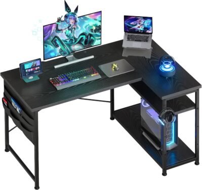 YEOROM L字型デスク、ゲームデスク、幅42.1インチ(107 cm)、左/右棚、ゲームテーブル、PCデスク、コーナーデスク、勉強デスク、収納バッグ、ライティングデスク、ブラック