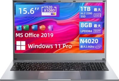 オフィス付きラップトップ15.6インチフルHD LCD Win11 Thin PC Notebook High Performance CPU Intel Celeron N4020メモリ:8 GB、高速SSD、指紋認証、10キー、日本のキーボード、