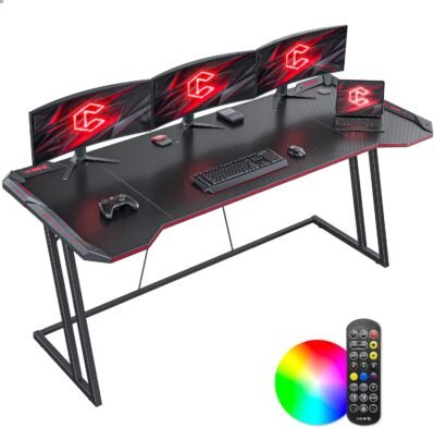 cubicubiゲーミングデスク、幅63.0 x深さ23.6インチ(160 x 60 cm)、LEDが含まれ、炭素繊維上部プレート、組み立てが簡単、耐久性、ゲームテーブル、コンピューターデスク、ゲームの安定性、スタイリッシュ、スタイリッシュ、