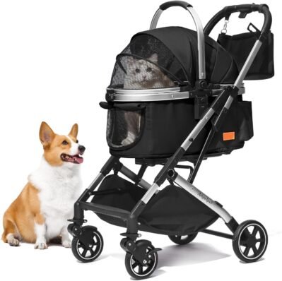 エンジェルペットペットカート、猫、犬、バギー、犬の使用、4輪、前輪は360°回転、前輪ブレーキ、イージーアセンブリ、コンパクト、軽量、折りたたみ式、負荷容量44.1 lbs(20 kg)、