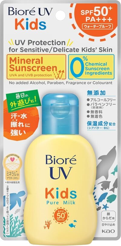 Biore UV Kids Pure Milk、日焼け止め、2.4 Fl Oz(70 ml)、SPF50 / PA +++鉱物バリア保護ゼロUV吸収式