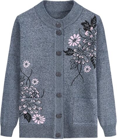 Zleufirty Cardigan、1つのサイズにフィットし、ニットセーター、婦人服、中年、高齢者、長袖、ボタンダウン、秋/冬、春のポケット、ニットジャケット、花柄、刺繍