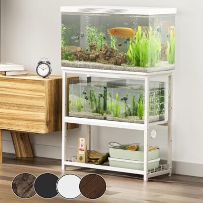 デューエル水族館スタンド、幅25.6 x深さ11.8 x高さ25.6インチ（65 x 30 x 65 cm）、総負荷容量：約341.3ポンド（155 kg）、3レベル、中央棚の調整可能な高さ、フック、アジャスター、