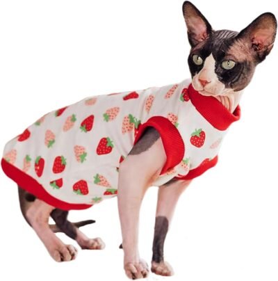 uosiaスフィンクス猫ベスト猫シャツ猫専用かわいい夏ペットtシャツイチゴプリント女の子無毛猫服ノースリーブソフトコットン猫アパレル