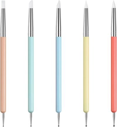 Deluxefox Silicone Brush、Dot Pen、5のセット、ジェルネイルブラシ、ネイルブラシ、ネイルアートツール、ネイルペン、シンプル、耐久性、マニキュアツール、セルフネイルサプライ、ドットスティック、樹脂、デコ、ジェルネイル