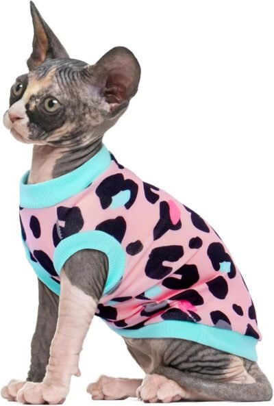 uosia無毛猫シャツピンクヒョウ柄子猫服コットンかわいいデボン猫tシャツプルオーバー猫パジャマメス猫コスチューム屋内屋外用