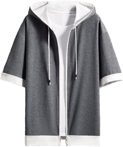 Foveitaa Men’s Summer Hoodie、Tシャツ、半袖、半袖、ゆるい、スタイリッシュ、大きなサイズ、ジップアップ、シンプル、スタイリッシュ、ビッグ、シルエット、レイヤースタイル、フード付き、クール、カーディガン