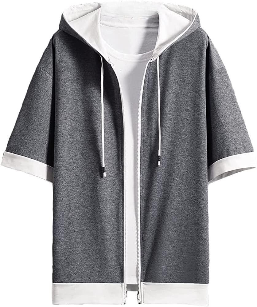 Foveitaa Men's Summer Hoodie、Tシャツ、半袖、半袖、ゆるい、スタイリッシュ、大きなサイズ、ジップアップ、シンプル、スタイリッシュ、ビッグ、シルエット、レイヤースタイル、フード付き、クール、カーディガン